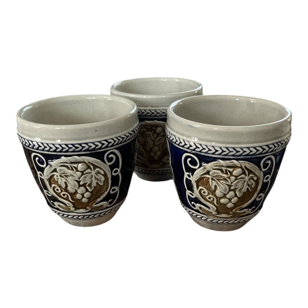 Set of 3 Vintage German Wick-Werke Style Stoneware Wine Cups – Rare Brown & Blue